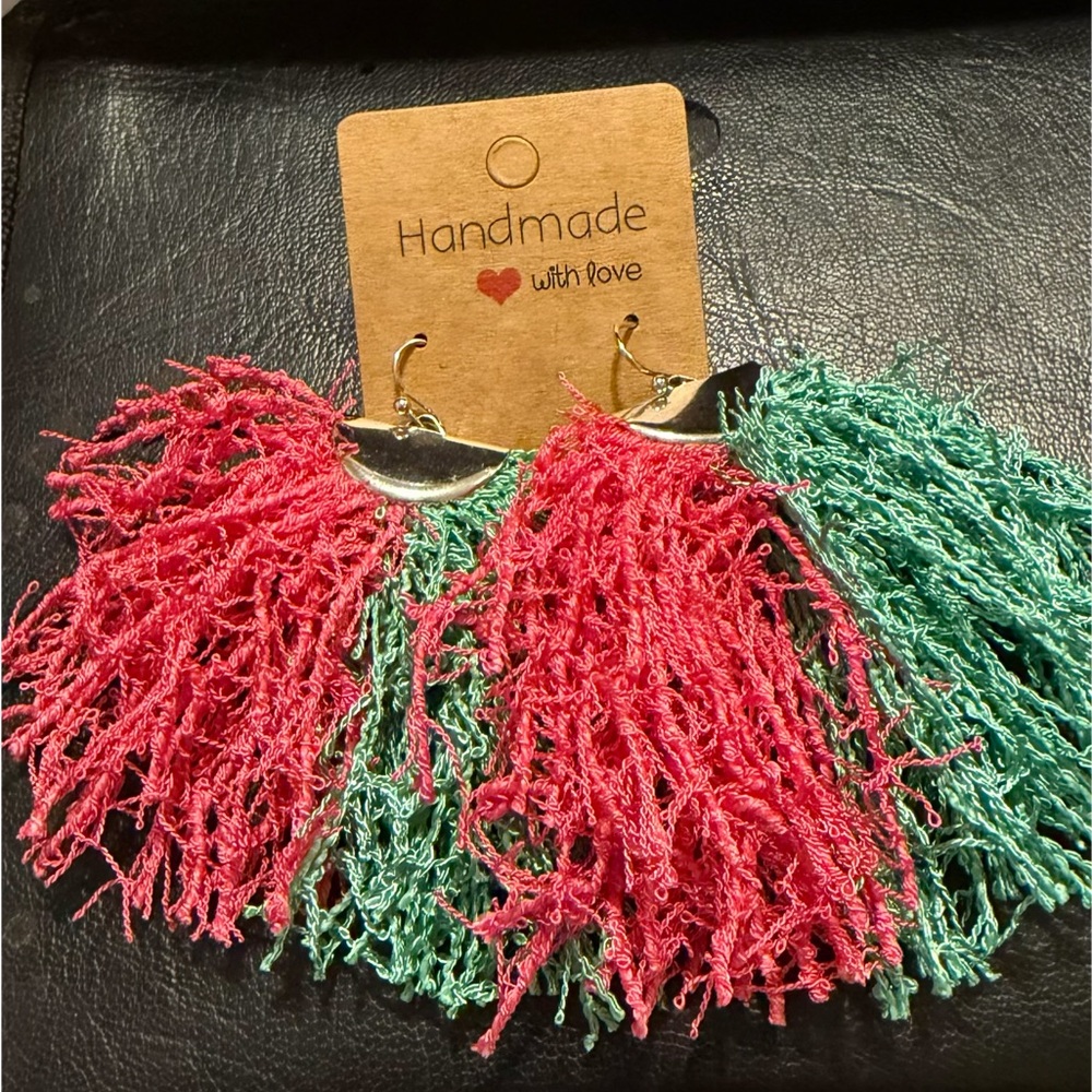 Handmade Pink and Green Fringe Earrings